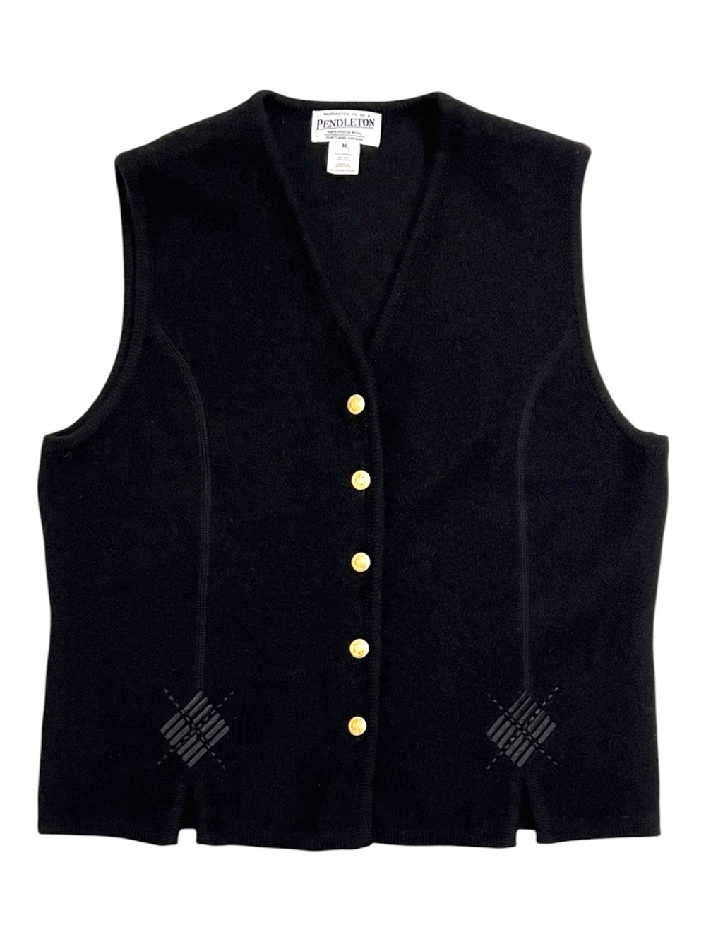Vintage Pendleton Black Wool Sweater Vest Argyle Embroidery & Gold Crest Buttons